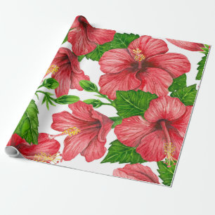 Papel De Regalo Patrón de acuarela de hibiscos rojos