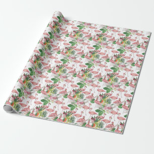 Papel De Regalo Patrón de acuarela de hojas tropicales de flamengo