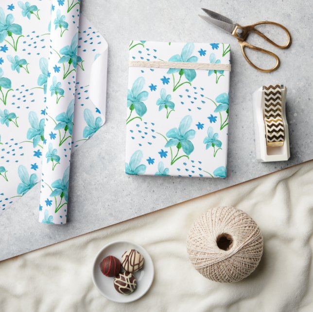 Papel De Regalo Patrón de acuarela de iris azul y flores silvestre (Artesanía)