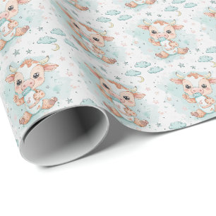 Papel De Regalo Patrón de acuarela de Pastel de Bebé Cudo de Vaca