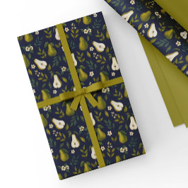 Papel De Regalo Patrón de acuarela de pera verde sobre azul oscuro