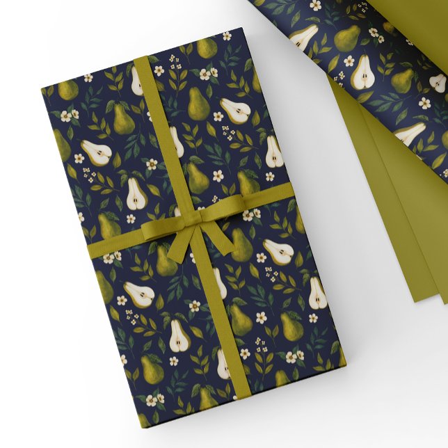 Papel De Regalo Patrón de acuarela de pera verde sobre azul oscuro (Subido por el creador)