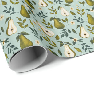 Papel De Regalo Patrón de Acuarela de Pera Verde sobre Azul Polvor