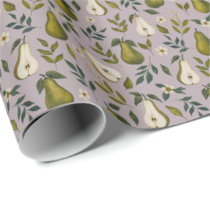 Papel De Regalo Patrón de Acuarela de Pera Verde sobre Lila Polvor