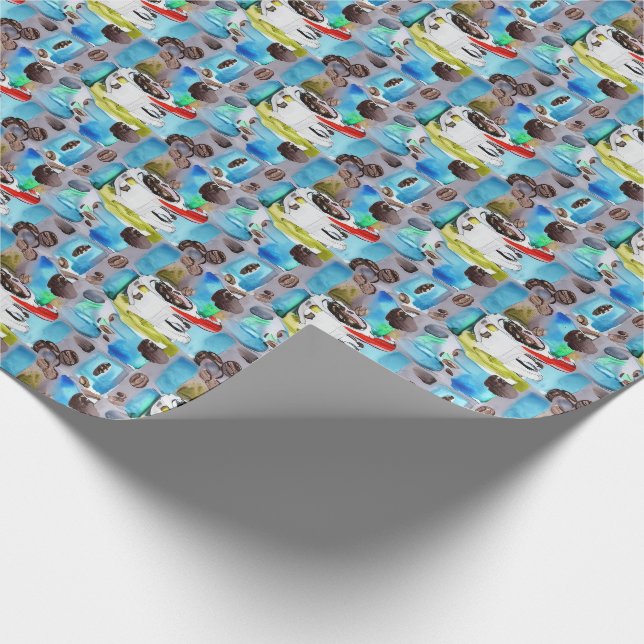 Papel De Regalo Patrón de acuarela de tazas de café azules (Esquina)