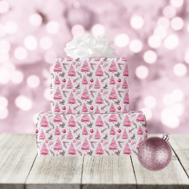 Papel De Regalo Patrón de acuarela del árbol de Navidad rosa (Subido por el creador)