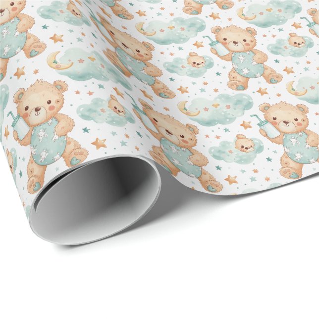 Papel De Regalo Patrón de acuarela del Pastel de Bebé Cuido de Oso (Esquina del rollo)