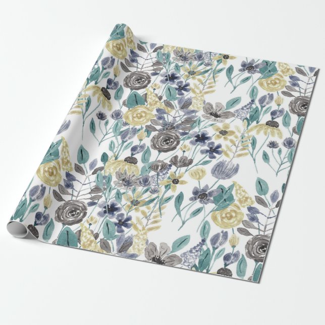 Papel De Regalo Patrón de acuarela floral amarillo gris moderno (Desenrollado)