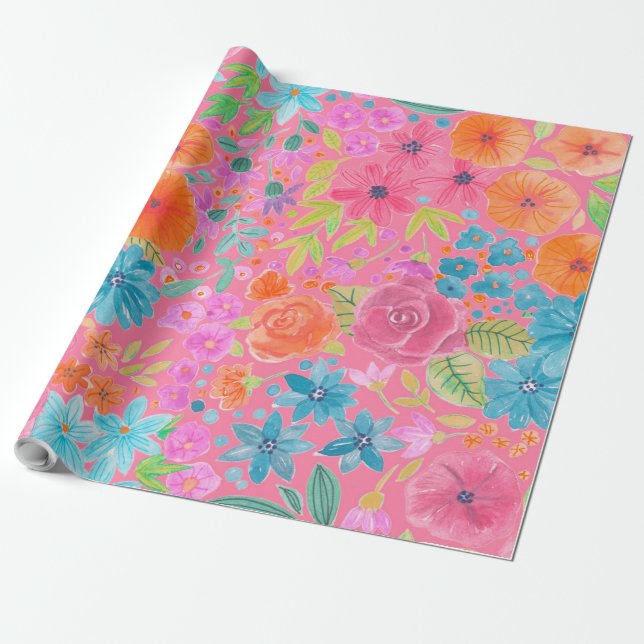 Papel De Regalo Patrón de acuarela floral en rosa (Desenrollado)