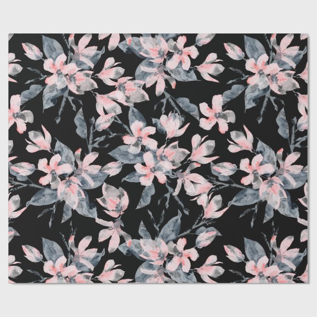 Papel De Regalo Patrón de acuarela floral rosa y gris (Superficie plana)