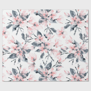 Papel De Regalo Patrón de acuarela floral rosa y gris