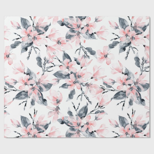 Papel De Regalo Patrón de acuarela floral rosa y gris (Superficie plana)