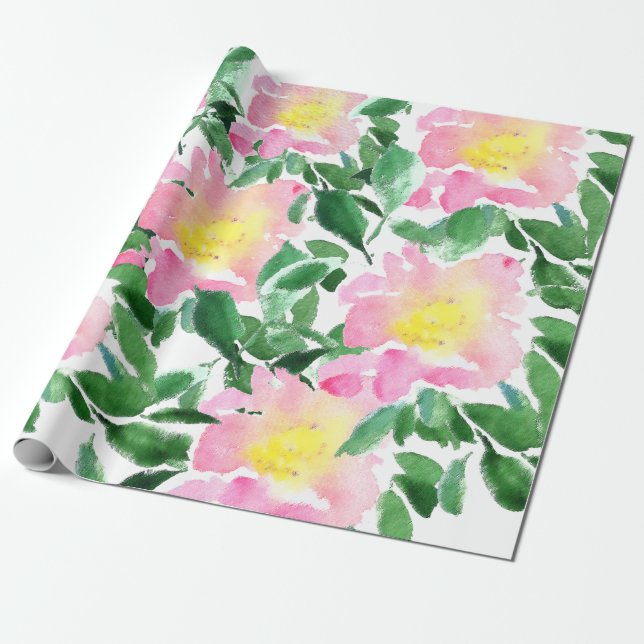 Papel De Regalo Patrón de acuarela floral verde rosa artificial (Desenrollado)