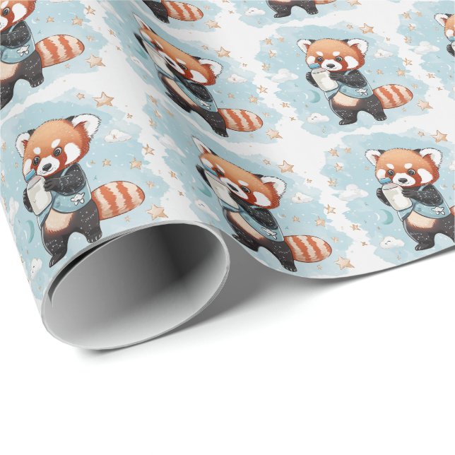 Papel De Regalo Patrón de acuarela Panda Rojo Cute Baby Pastel (Esquina del rollo)