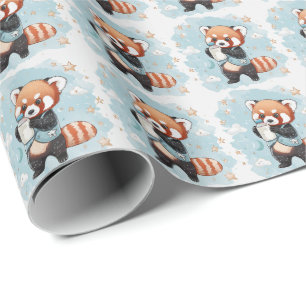 Papel De Regalo Patrón de acuarela pastel de bebé lindo panda rojo