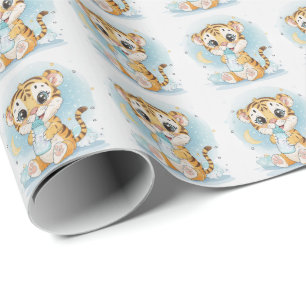 Papel De Regalo Patrón de acuarela pastel de bebé lindo tigre
