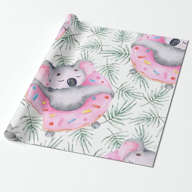 Papel De Regalo Patrón de acuarela pintado a mano con koala tropic (Desenrollado)