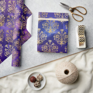 Papel De Regalo Patrón de acuarela púrpura con damasco dorado