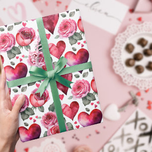 Papel De Regalo Patrón de acuarela rosa rosado romántico y corazón