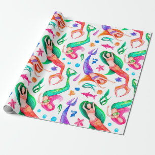 Papel De Regalo Patrón de acuarela sin costuras con sirenas, conch