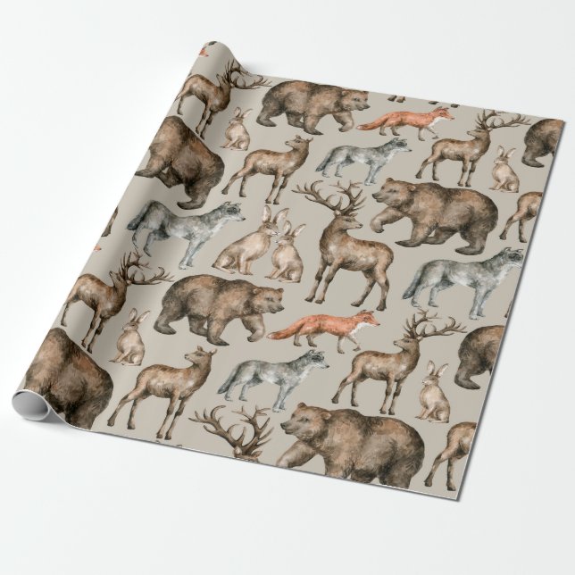 Papel De Regalo Patrón de acuarela sin fisuras con animales silves (Desenrollado)