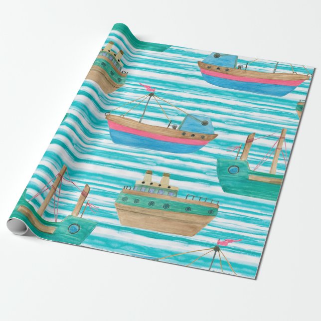 Papel De Regalo Patrón de acuarela sin fisuras con embarcaciones e (Desenrollado)
