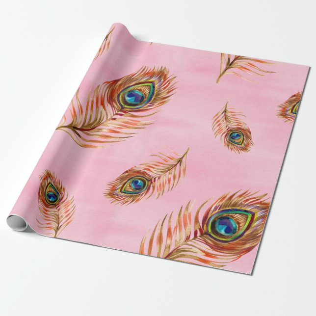 Papel De Regalo Patrón de acuarela sin foco con hazaña de pavo rea (Desenrollado)