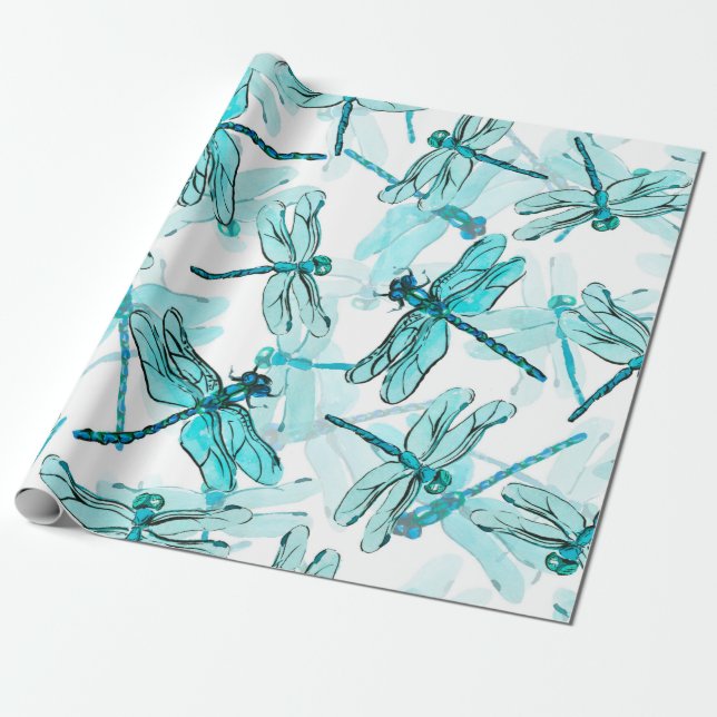 Papel De Regalo Patrón de acuarela sin foco con libélula elegante (Desenrollado)