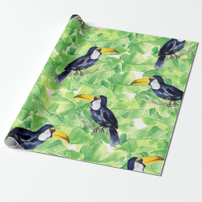 Papel De Regalo Patrón de acuarela sin foco con toucan en verde l (Desenrollado)