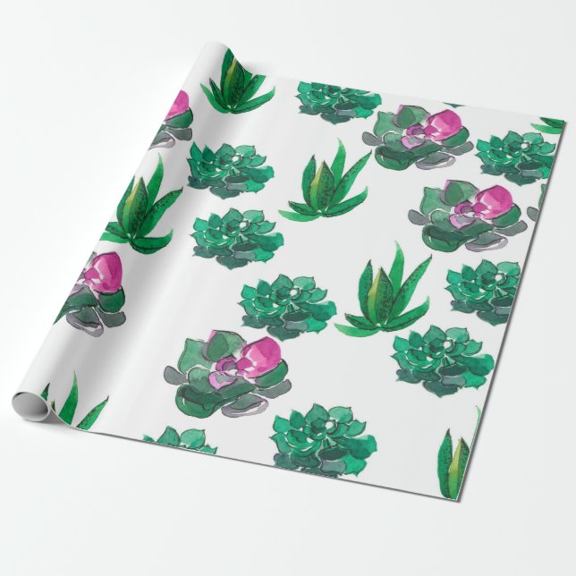 Papel De Regalo Patrón de acuarela sin mar con suculentos (Desenrollado)