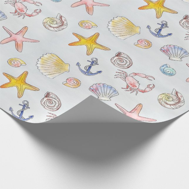 Papel De Regalo Patrón de acuarela Starfish Seaside Seashells (Esquina)