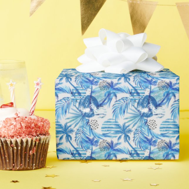 Papel De Regalo Patrón de acuarela tropical azul brillante (Fiesta de cumpleaños )