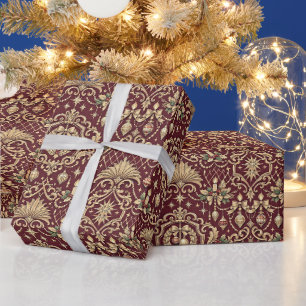 Papel De Regalo Patrón de adorno navideño barroco en oro y borgoña