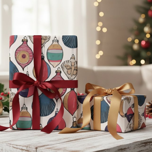 Papel De Regalo Patrón de adornos navideños marfileños (Festive Vintage Christmas Ornaments Wrapping Paper in Chic Ivory. Nostalgic Retro Ornaments Pattern)