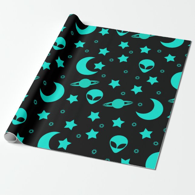 Papel De Regalo Patrón de Alien Turquesa con Estrellas y Lunas (Desenrollado)