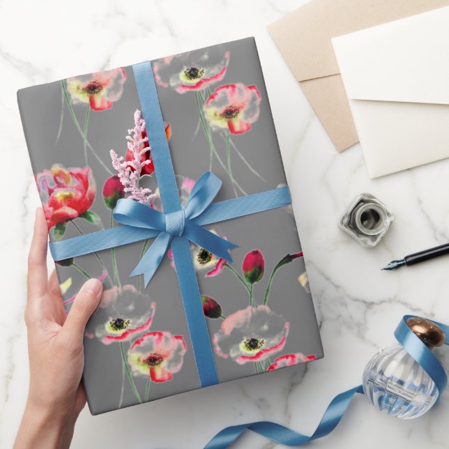 Papel De Regalo Patrón de amapola en gris (Regalar)