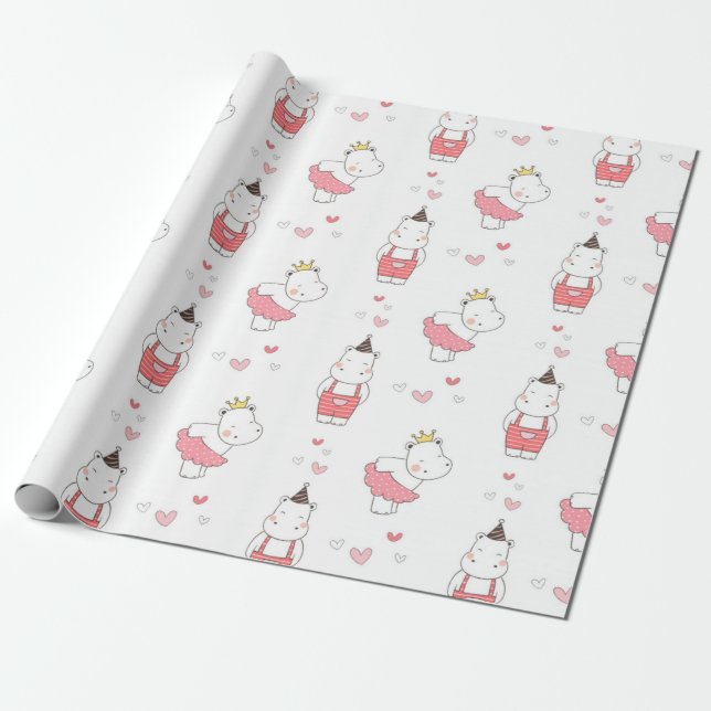 Papel De Regalo Patrón de amor de Hippo Valentines (Desenrollado)