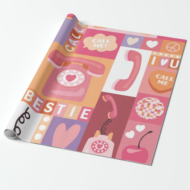 Papel De Regalo Patrón de amor del teléfono retro (Desenrollado)