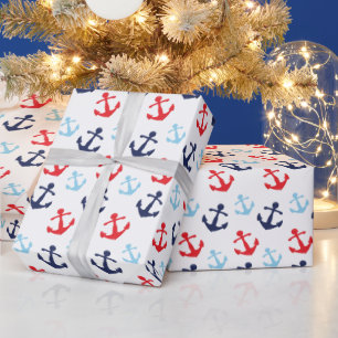 Papel De Regalo Patrón de anclas náuticas rojas y azules