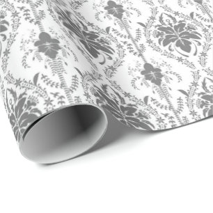 Papel De Regalo Patrón de apertura de Damasco blanco y gris