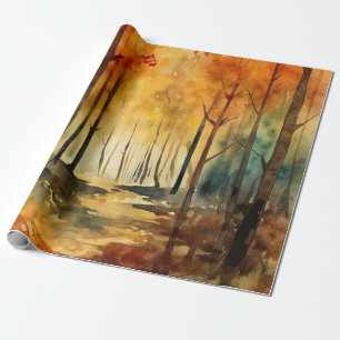 Papel De Regalo Patrón de árbol de acuarela de bosque otoñal rústi