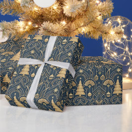 Papel De Regalo Patrón de árbol de Navidad Art Déco azul marino