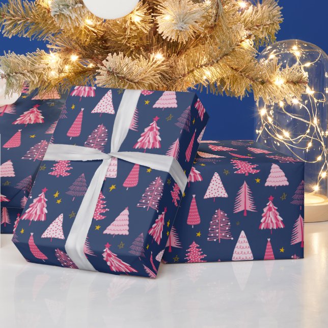 Papel De Regalo Patrón de árbol de Navidad azul y rosa (Vacaciones)