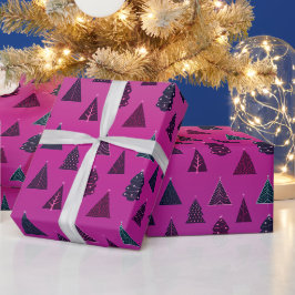 Papel De Regalo Patrón de árbol de Navidad azul y rosa