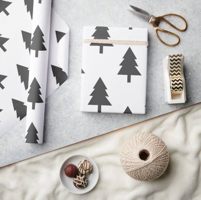 Papel De Regalo Patrón de árbol de Navidad blanco negro minimalist (Artesanía)