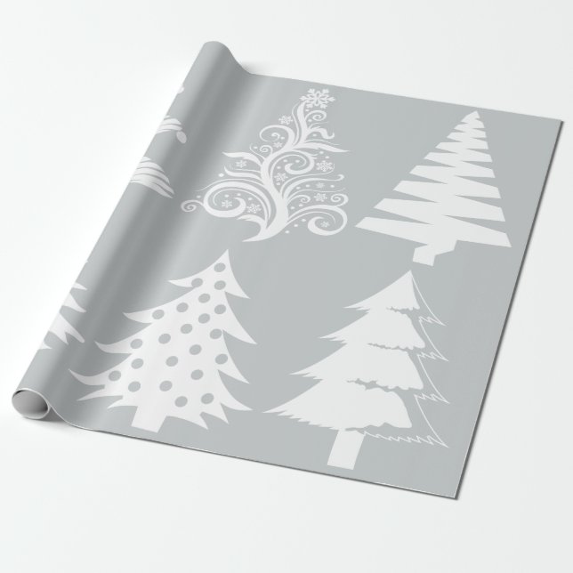 Papel De Regalo patrón de árbol de Navidad blanco plateado (Desenrollado)