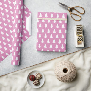 Papel De Regalo Patrón de árbol de navidad blanco rosado de Fuchsi