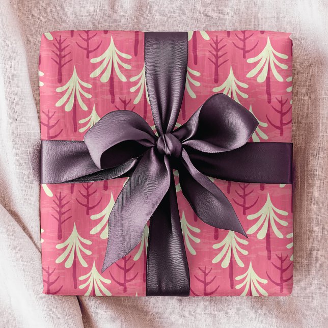 Papel De Regalo Patrón de árbol de Navidad blanco rosado moderno (Subido por el creador)