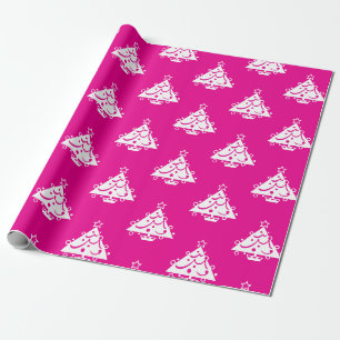 Papel De Regalo Patrón de árbol de Navidad blanco rosado retro