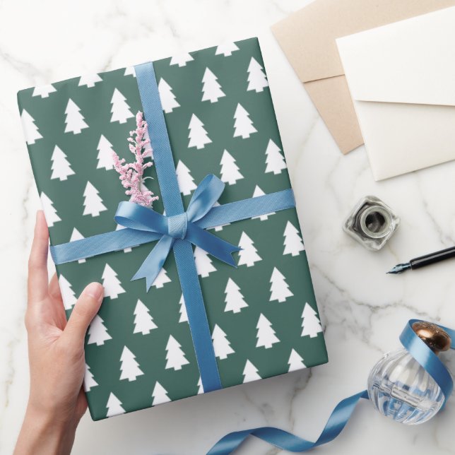 Papel De Regalo Patrón de árbol de navidad blanco verde oscuro (Regalar)